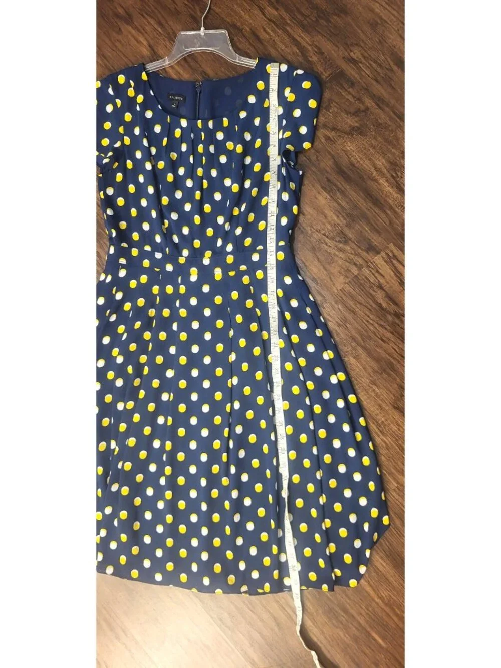 Womens Talbots Navy Blue Yellow/White Polka Dot Midi Dress 4 Pleats Chiffon Zip